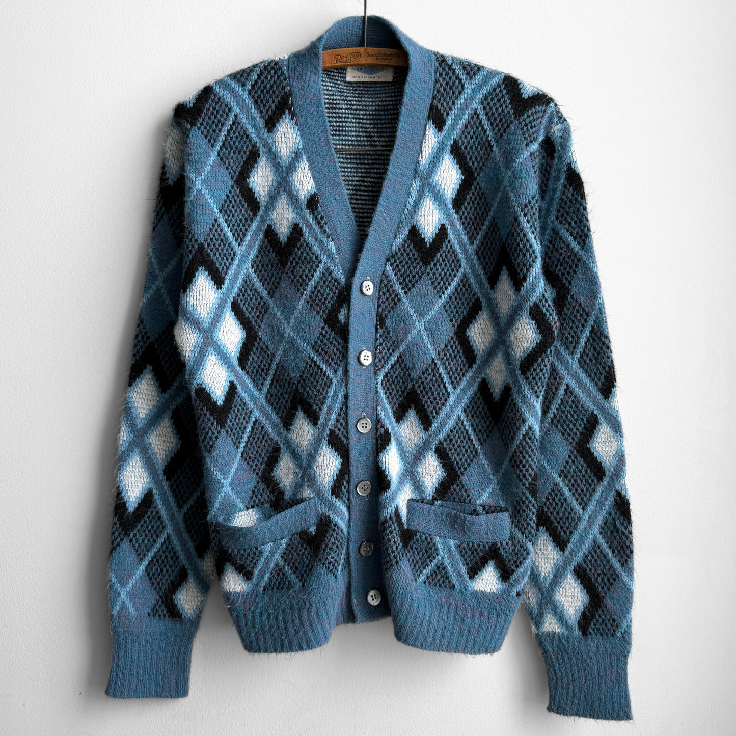 1960s Blue Argyle Acrylic Knit Cardigan