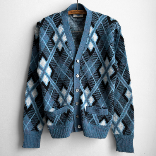 1960s Blue Argyle Acrylic Knit Cardigan