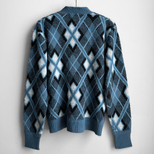 1960s Blue Argyle Acrylic Knit Cardigan