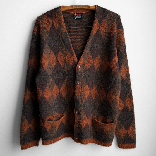 1960s Orange Argyle Acrylic Knit Cardigan