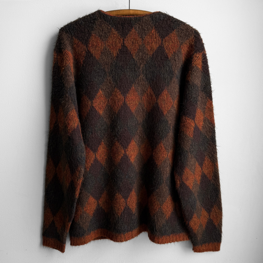 1960s Orange Argyle Acrylic Knit Cardigan