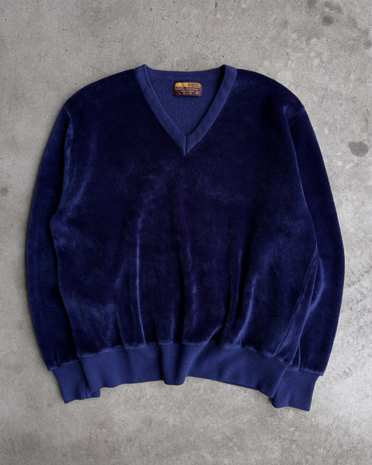 Vintage 1970s Navy Blue Fuzzy Velvet V-Neck Sweater  - Shop ThreadCount Vintage Co.
