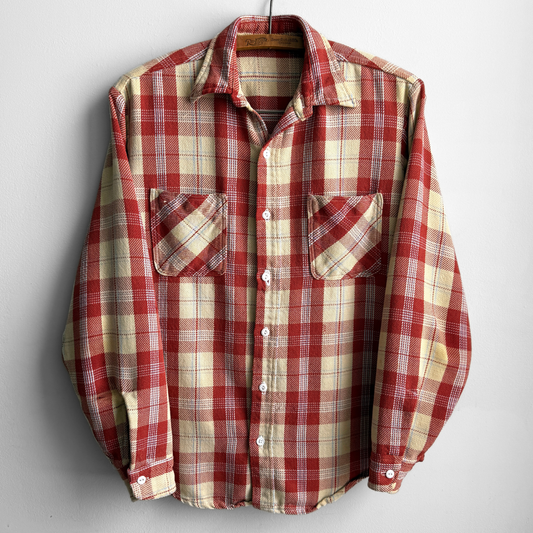 1960s Orange & Cream Woven Cotton Plaid Flannel Shirt