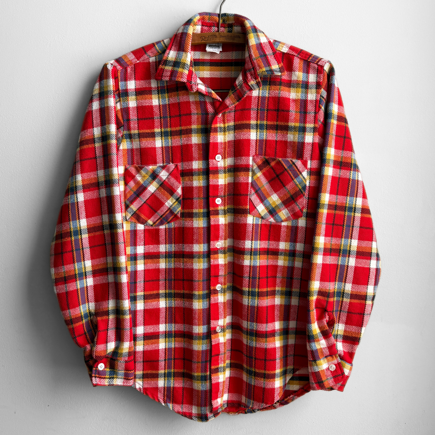 1970s Red Woven Cotton Plaid Flannel Shirt