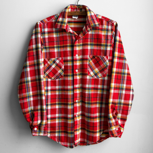1970s Red Woven Cotton Plaid Flannel Shirt