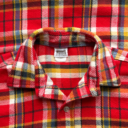 1970s Red Woven Cotton Plaid Flannel Shirt