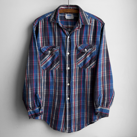 1960s Blue Woven Cotton Plaid Flannel Shirt