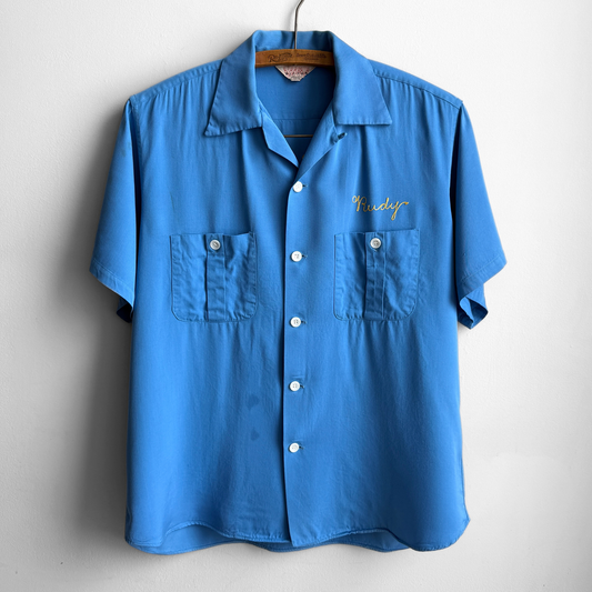 1950s Blue Chainstitch Rayon Bowling Shirt