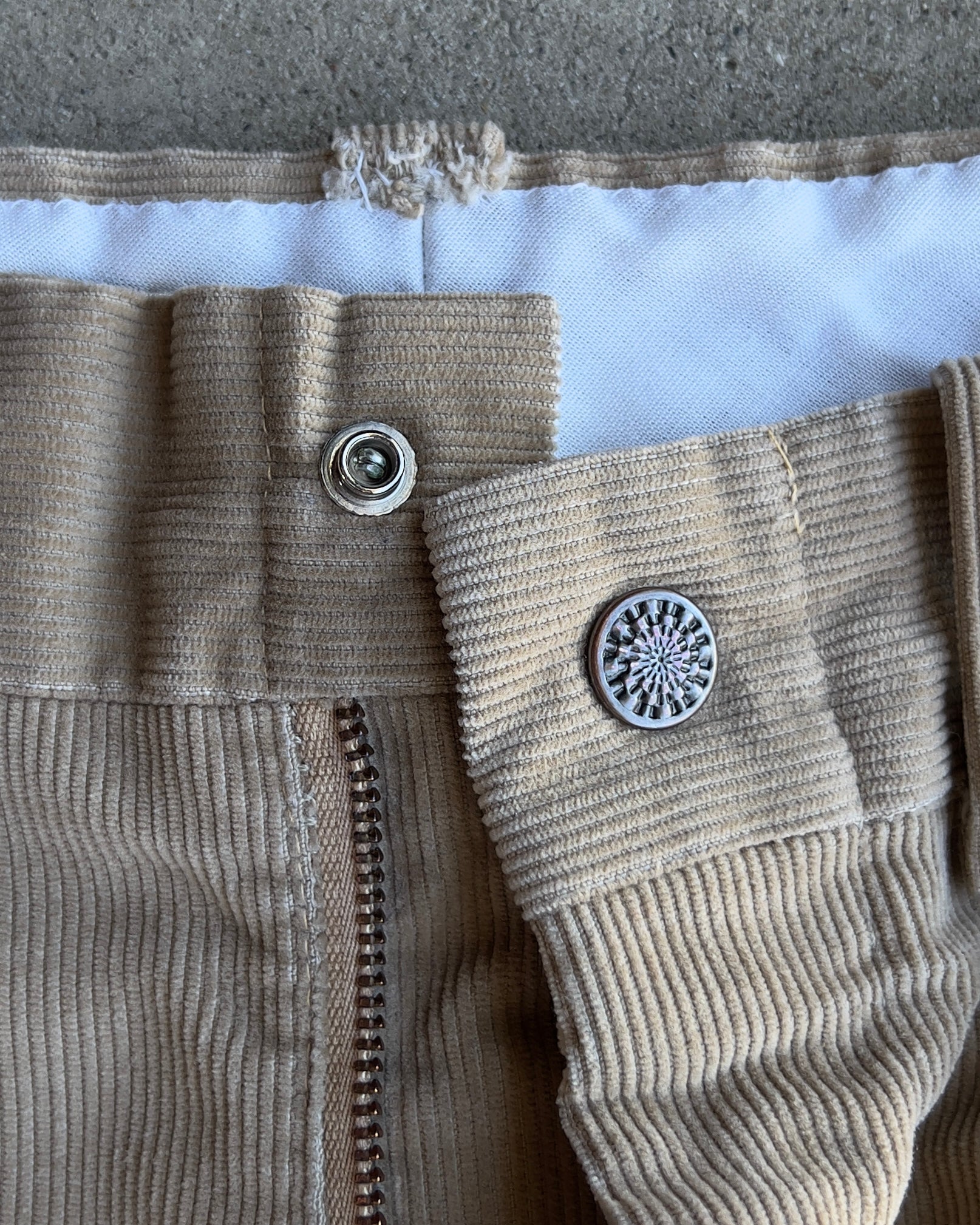 Vintage 1970s Faded Tan Corduroy Flared Snap Pants  - Shop ThreadCount Vintage Co.