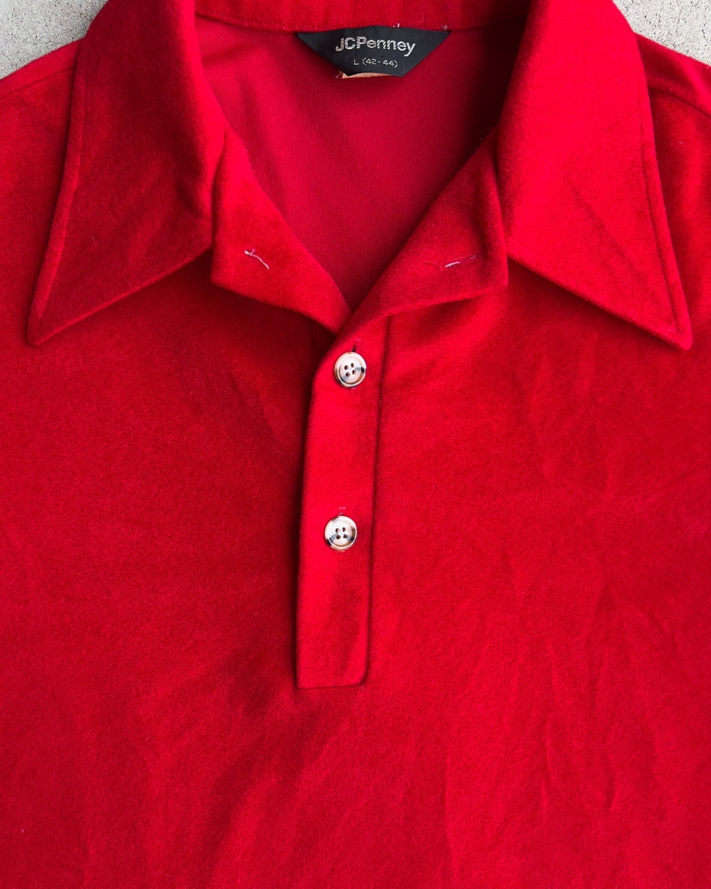 Vintage 1970s Red Velour Quarter Button Up Shirt  - Shop ThreadCount Vintage Co.